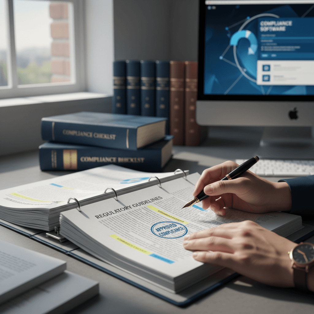 Compliance specialist's hands carefully reviewing legal documents and regulatory guidelines at a professional desk with pen and highlighted paperwork