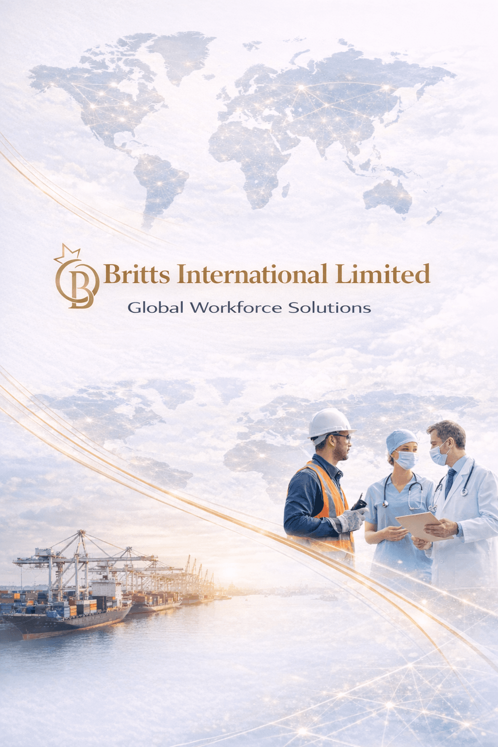 Britts International Limited logo with world map, medical and construction workers, and shipping port.