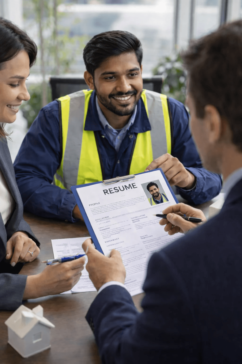 A smiling man in a safety vest presents his resume to two interviewers at a desk.