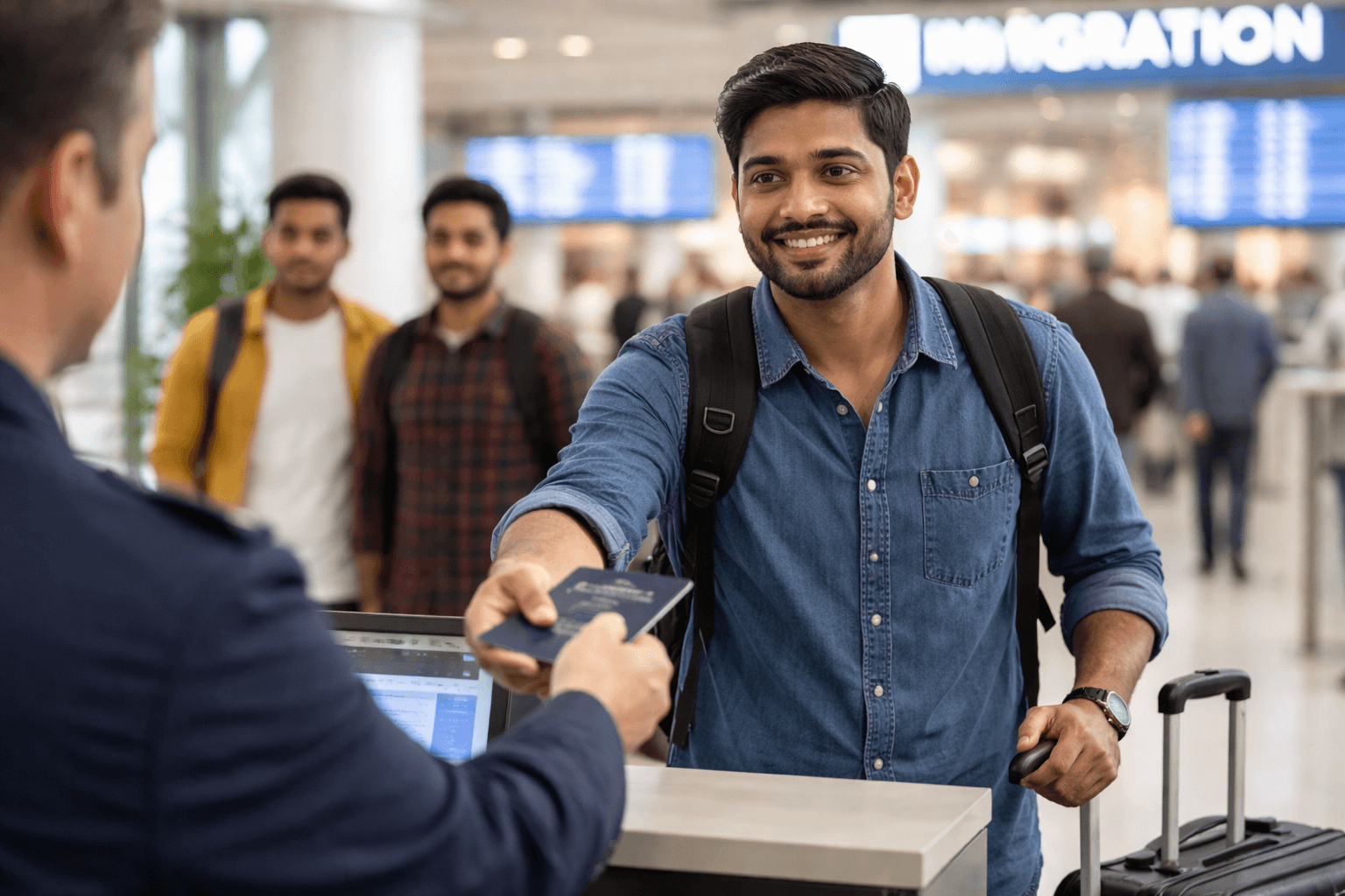 Smiling man hands his passport to an immigration officer at a busy airport counter.