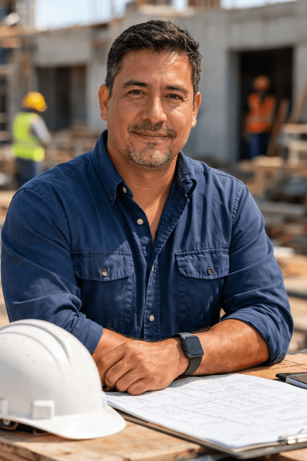 Smiling man in blue shirt at construction site with architectural blueprints and white hard hat.