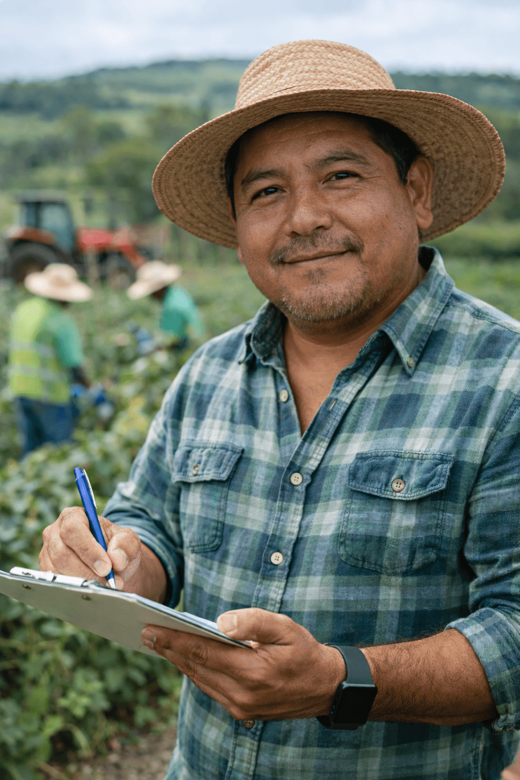 Smiling farmer in straw hat and plaid shirt writing on a clipboard in a field.