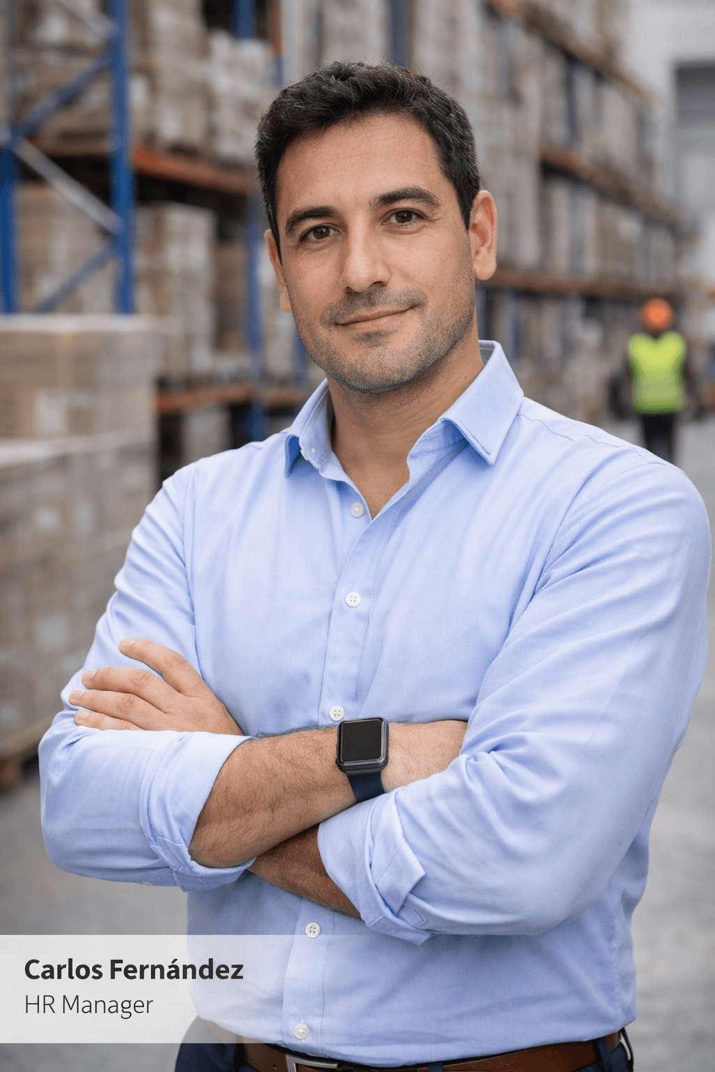 HR Manager Carlos Fernández stands with arms crossed in a warehouse with tall storage racks.