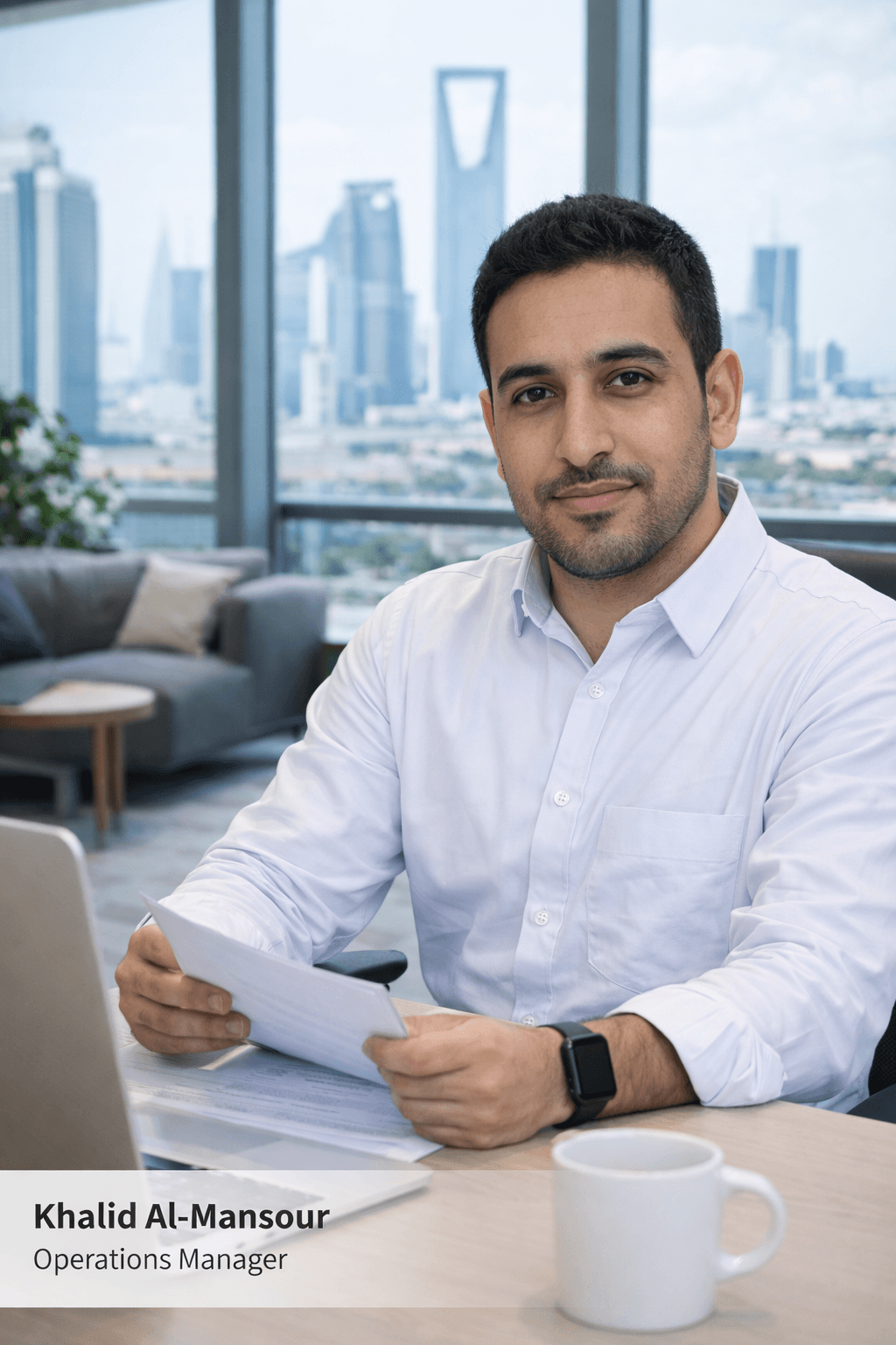 Khalid Al-Mansour, Operations Manager, holding papers at a desk with a city skyline background.