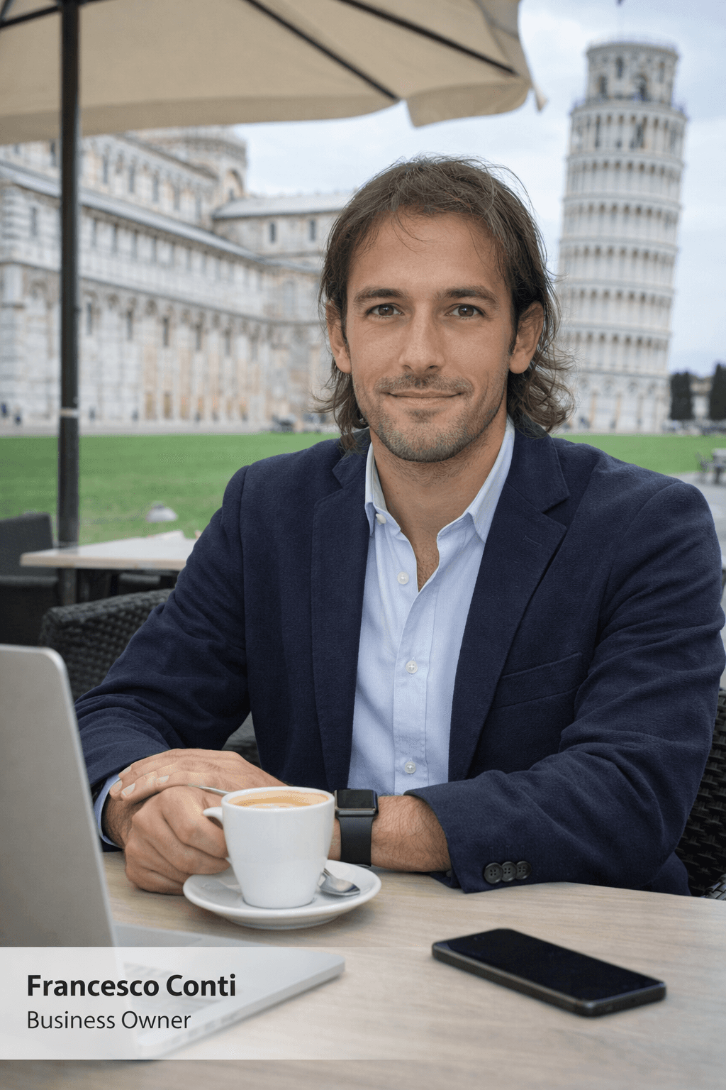 Man at an outdoor cafe with coffee and laptop, Leaning Tower of Pisa in background.