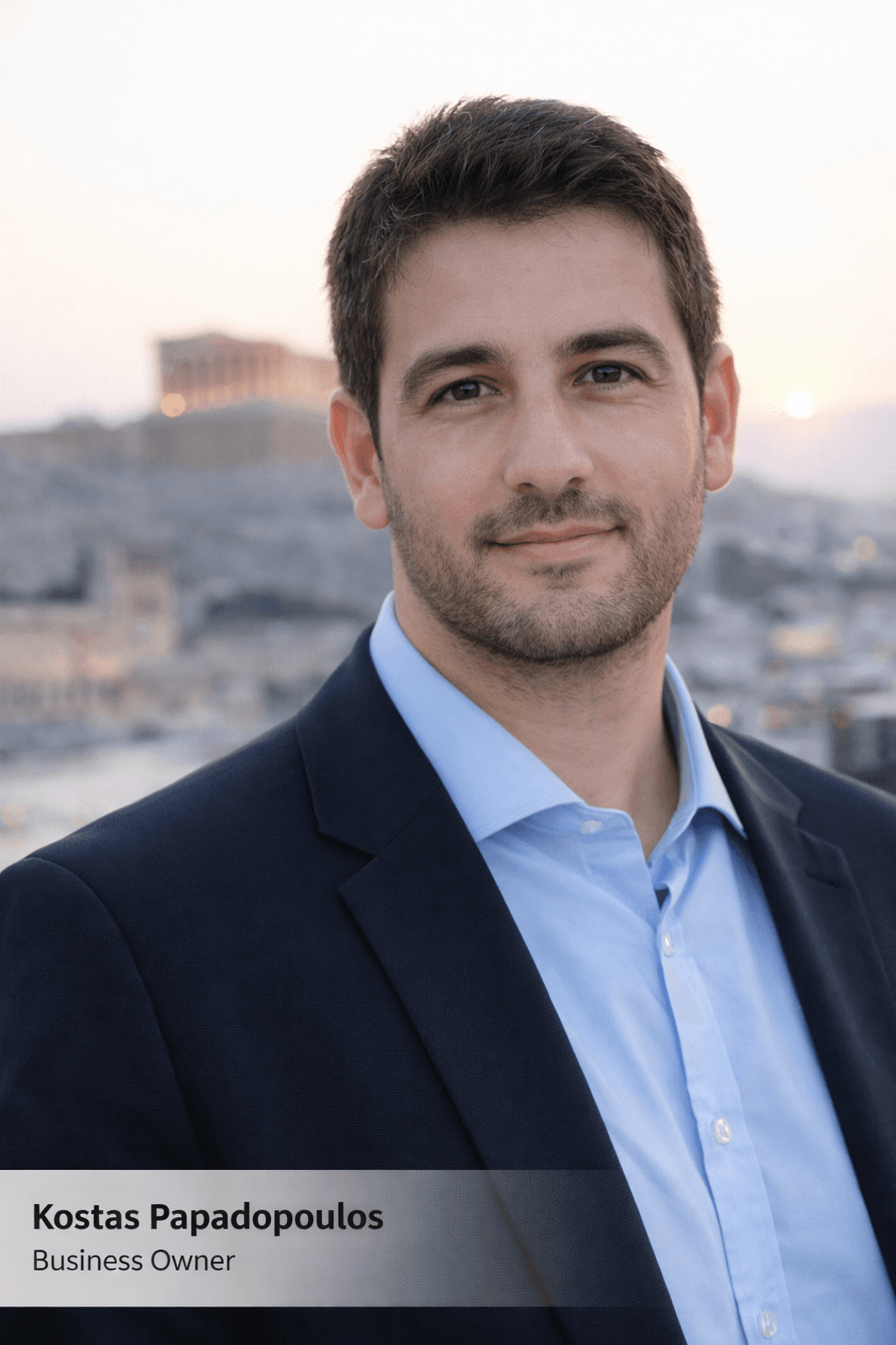 Business owner Kostas Papadopoulos in a suit with the blurred Athens Acropolis at sunset.
