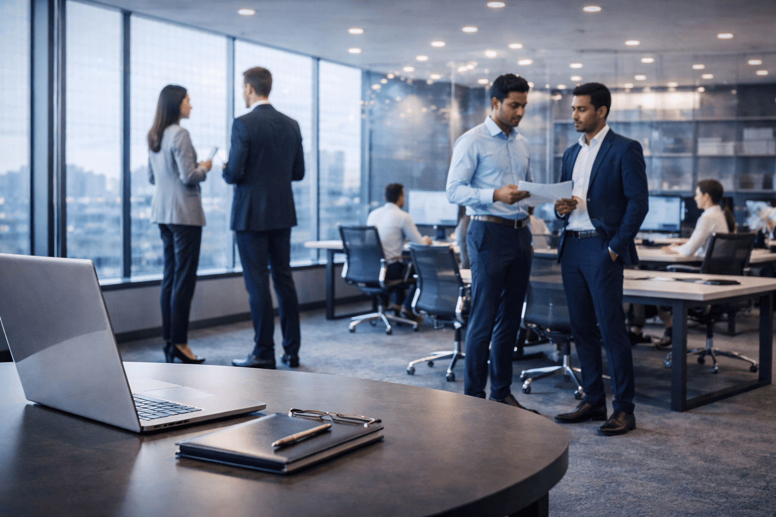 Business professionals collaborating in a modern office with a laptop and notebook in the foreground.
